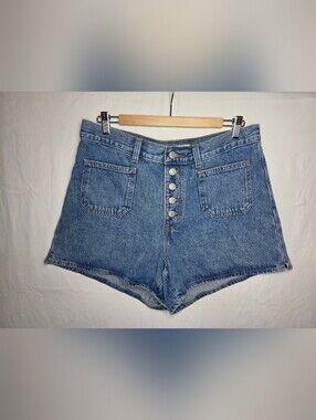 High-Rise Button-Fly Denim Shorts - Blue